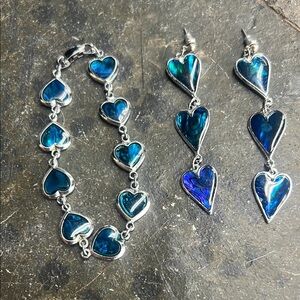 Heart-Shaped Enameled Blue swirl and Silver matching bracelet and earring set.